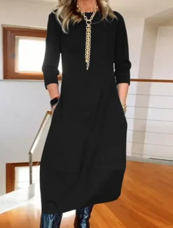 Women's Maxi Dress T Shirt Dress Tee Dress Stylish Casual Vacation Daily Regular Fit Plain Long Sleeve Crew Neck Black White Red Navy Blue Spring Fall Women White Dresses