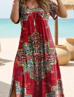 Outlet Women's Maxi Dress T Shirt Dress Tee Dress Sundress Shift Dress Bohemia Vacation Party Holiday Regular Fit Vintage Bohemian Short Sleeve Crew Neck Black Red Navy Blue Blue Women T Shirt Dresses