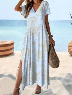 New Women's Maxi Dress T Shirt Dress Tee Dress Sundress Shift Dress Ethnic Tribal Drop Shoulder Vacation Party Street Loose Fit Paisley Short Sleeve V Neck Pink Blue Green Summer Women Spring Dresses|T Shirt Dresses