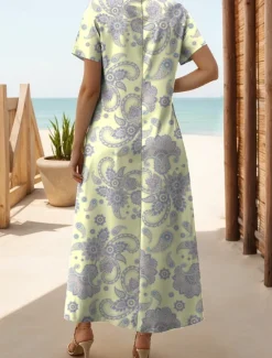 New Women's Maxi Dress T Shirt Dress Tee Dress Sundress Shift Dress Ethnic Tribal Drop Shoulder Vacation Party Street Loose Fit Paisley Short Sleeve V Neck Pink Blue Green Summer Women Spring Dresses|T Shirt Dresses