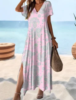 New Women's Maxi Dress T Shirt Dress Tee Dress Sundress Shift Dress Ethnic Tribal Drop Shoulder Vacation Party Street Loose Fit Paisley Short Sleeve V Neck Pink Blue Green Summer Women Spring Dresses|T Shirt Dresses