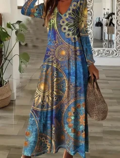 Clearance Women's Maxi Dress T Shirt Dress Tee Dress A Line Dress Vacation Casual Boho Date Regular Fit Floral Paisley Long Sleeve V Neck Royal Blue Dark Blue Fall Winter Women Casual Dress|Floral Dresses