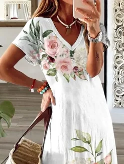 Online Women's Maxi Dress T Shirt Dress Tee Dress Sundress Shift Dress Summer Dress Bohemia Party Holiday Beach Regular Fit Floral Vintage Short Sleeve Crew Neck Summer Spring Women T Shirt Dresses