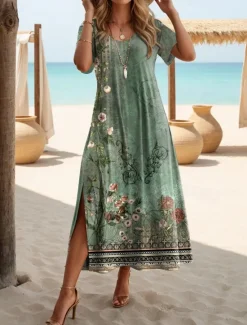 Hot Women's Maxi Dress T Shirt Dress Tee Dress Sundress Shift Dress Summer Dress Bohemia Vacation Party Holiday Regular Fit Vintage Bohemian Short Sleeve Crew Neck Summer Spring Women T Shirt Dresses