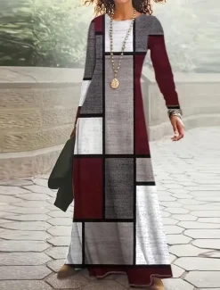 Women's Maxi Dress T Shirt Dress Tee Dress A Line Dress Summer Dress Vacation Casual Beach Daily Regular Fit Graphic Geometric Abstract Long Sleeve Crew Neck Spring Fall Winter Women Casual Dress
