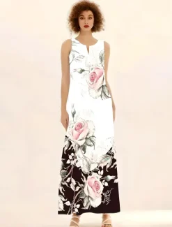Clearance Women's Maxi Dress Tank Dress Elegant Bohemia Vacation Vacation Regular Fit Floral Color Block Sleeveless Split Neck Summer Women Vacation Dresses