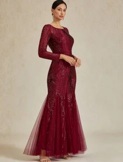 Discount Women's Maxi Dress Trumpet Mermaid Dress Elegant Party Formal Cocktail Party Regular Fit Solid Color Long Sleeve Crew Neck Spring Fall Winter Women Cocktail Dress