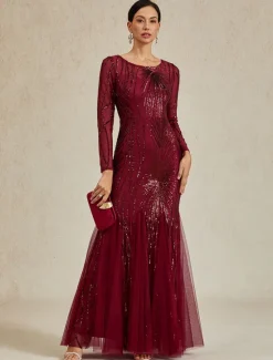 Discount Women's Maxi Dress Trumpet Mermaid Dress Elegant Party Formal Cocktail Party Regular Fit Solid Color Long Sleeve Crew Neck Spring Fall Winter Women Cocktail Dress