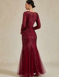 Discount Women's Maxi Dress Trumpet Mermaid Dress Elegant Party Formal Cocktail Party Regular Fit Solid Color Long Sleeve Crew Neck Spring Fall Winter Women Cocktail Dress