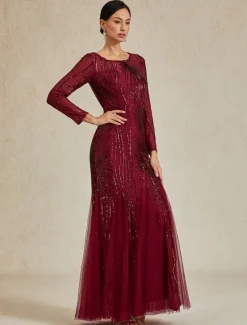 Discount Women's Maxi Dress Trumpet Mermaid Dress Elegant Party Formal Cocktail Party Regular Fit Solid Color Long Sleeve Crew Neck Spring Fall Winter Women Cocktail Dress