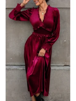 Outlet Women's Maxi Dress Velvet Burgundy Long Sleeve V-Neck Elastic Waist Bohemian Evening Party Fall Winter Clothing Apparel Elegant Women Cocktail Dress