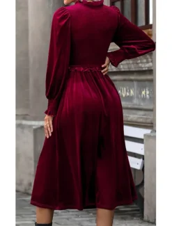 Outlet Women's Maxi Dress Velvet Burgundy Long Sleeve V-Neck Elastic Waist Bohemian Evening Party Fall Winter Clothing Apparel Elegant Women Cocktail Dress