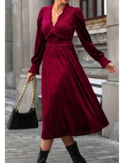Outlet Women's Maxi Dress Velvet Burgundy Long Sleeve V-Neck Elastic Waist Bohemian Evening Party Fall Winter Clothing Apparel Elegant Women Cocktail Dress