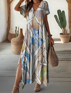 New Women's Maxi Dress Vintage Dress Casual Dress Sundress Vintage Ethnic Tribal Drop Shoulder Vacation Street Holiday Regular Fit Tribal Short Sleeve V Neck White Blue Purple Khaki Women Spring Dresses|T Shirt Dresses