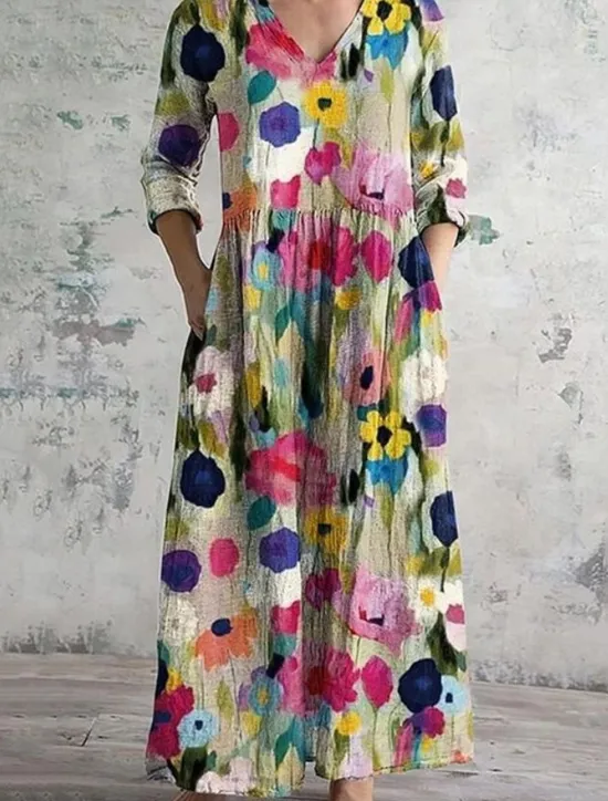 New Women's Maxi Dress Vintage Dress Linen Dress Sundress Floral Dress Bohemia Vacation Ethnic Holiday Loose Fit Floral Graphic 3/4 Length Sleeve V Neck Purple Green Beige Summer Spring Women Vacation Dresses