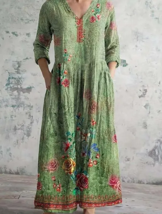New Women's Maxi Dress Vintage Dress Linen Dress Sundress Floral Dress Bohemia Vacation Ethnic Holiday Loose Fit Floral Graphic 3/4 Length Sleeve V Neck Purple Green Beige Summer Spring Women Vacation Dresses