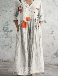 New Women's Maxi Dress Vintage Dress Linen Dress Sundress Floral Dress Bohemia Vacation Ethnic Holiday Loose Fit Floral Graphic 3/4 Length Sleeve V Neck Purple Green Beige Summer Spring Women Vacation Dresses