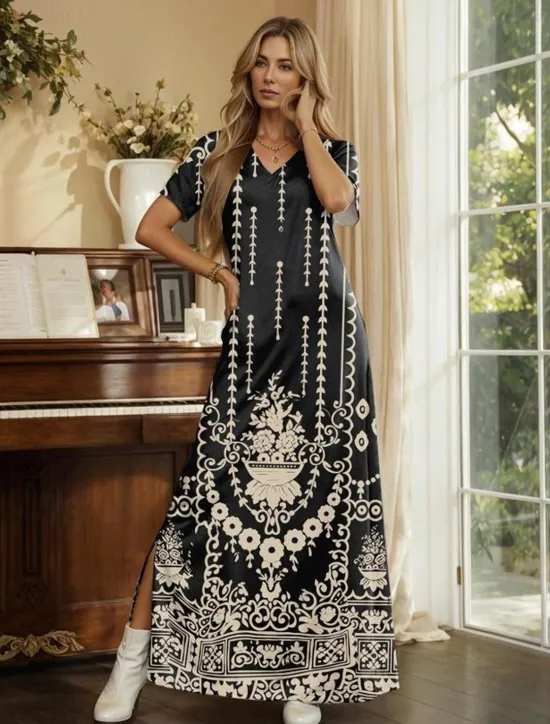 Sale Women's Maxi Dress Vintage Dress Casual Dress Sundress Vintage Ethnic Flared Drop Shoulder Vacation Street Holiday Regular Fit Floral Tribal Short Sleeve V Neck Summer Women T Shirt Dresses