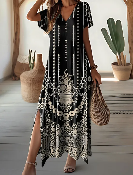 Sale Women's Maxi Dress Vintage Dress Casual Dress Sundress Vintage Ethnic Flared Drop Shoulder Vacation Street Holiday Regular Fit Floral Tribal Short Sleeve V Neck Summer Women T Shirt Dresses