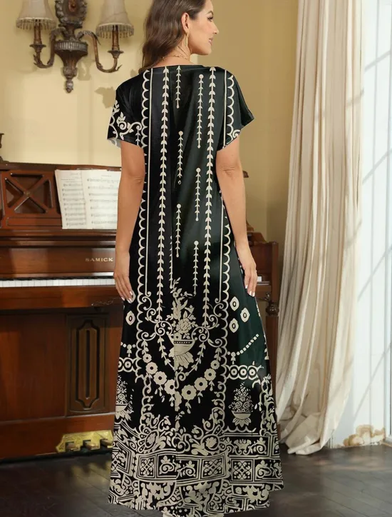 Sale Women's Maxi Dress Vintage Dress Casual Dress Sundress Vintage Ethnic Flared Drop Shoulder Vacation Street Holiday Regular Fit Floral Tribal Short Sleeve V Neck Summer Women T Shirt Dresses