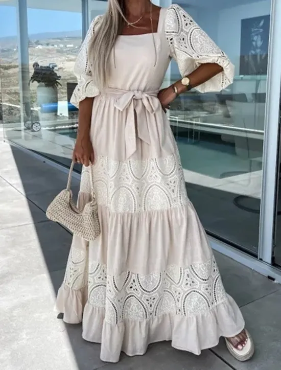 Clearance Women's Maxi Dress White Dress Casual Dress Swing Dress A Line Dress Streetwear Maxi Basic Vacation Street Holiday Regular Fit 3/4 Length Sleeve Square Neck White Pink Purple Apricot Summer Women White Dresses