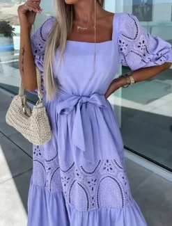 Clearance Women's Maxi Dress White Dress Casual Dress Swing Dress A Line Dress Streetwear Maxi Basic Vacation Street Holiday Regular Fit 3/4 Length Sleeve Square Neck White Pink Purple Apricot Summer Women White Dresses