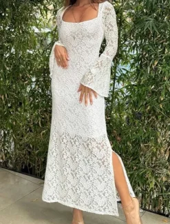 New Women's Maxi Dress White Dress Black Dress Lace Dress Elegant Stylish Sexy Wedding Vacation Party Regular Fit Long Sleeve Square Neck Black White Summer Spring Fall Winter Women White Dresses