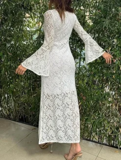 New Women's Maxi Dress White Dress Black Dress Lace Dress Elegant Stylish Sexy Wedding Vacation Party Regular Fit Long Sleeve Square Neck Black White Summer Spring Fall Winter Women White Dresses