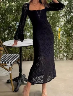 New Women's Maxi Dress White Dress Black Dress Lace Dress Elegant Stylish Sexy Wedding Vacation Party Regular Fit Long Sleeve Square Neck Black White Summer Spring Fall Winter Women White Dresses