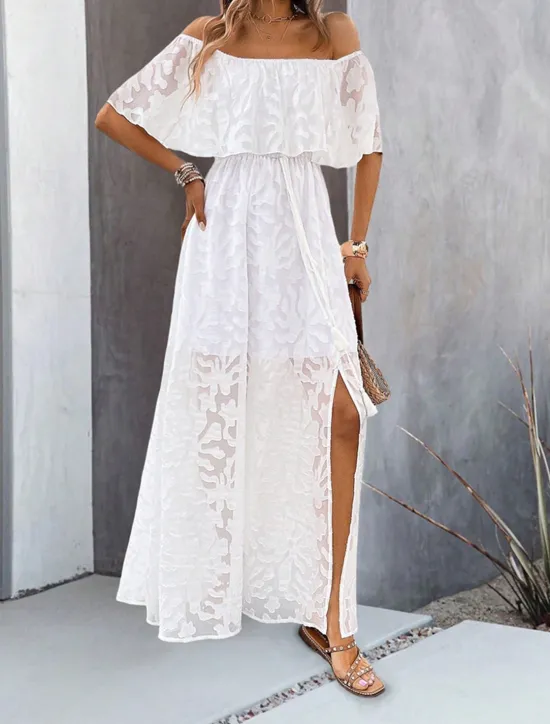Hot Women's Maxi Dress Dress A Line Dress Elegant Ruffle Sleeve Wedding Guest Cocktail Party Loose Fit Solid Color Plain Short Sleeve Off Shoulder Apricot Summer Women Chiffon Dresses|White Dresses