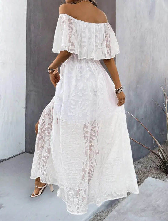 Hot Women's Maxi Dress Dress A Line Dress Elegant Ruffle Sleeve Wedding Guest Cocktail Party Loose Fit Solid Color Plain Short Sleeve Off Shoulder Apricot Summer Women Chiffon Dresses|White Dresses