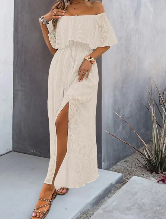 Hot Women's Maxi Dress Dress A Line Dress Elegant Ruffle Sleeve Wedding Guest Cocktail Party Loose Fit Solid Color Plain Short Sleeve Off Shoulder Apricot Summer Women Chiffon Dresses|White Dresses