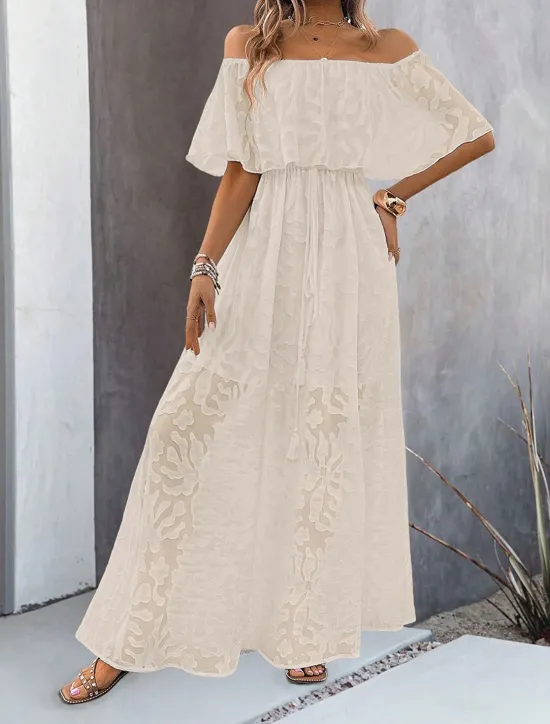 Hot Women's Maxi Dress Dress A Line Dress Elegant Ruffle Sleeve Wedding Guest Cocktail Party Loose Fit Solid Color Plain Short Sleeve Off Shoulder Apricot Summer Women Chiffon Dresses|White Dresses