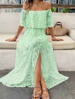 Hot Women's Maxi Dress Dress A Line Dress Elegant Ruffle Sleeve Wedding Guest Cocktail Party Loose Fit Solid Color Plain Short Sleeve Off Shoulder Apricot Summer Women Chiffon Dresses|White Dresses