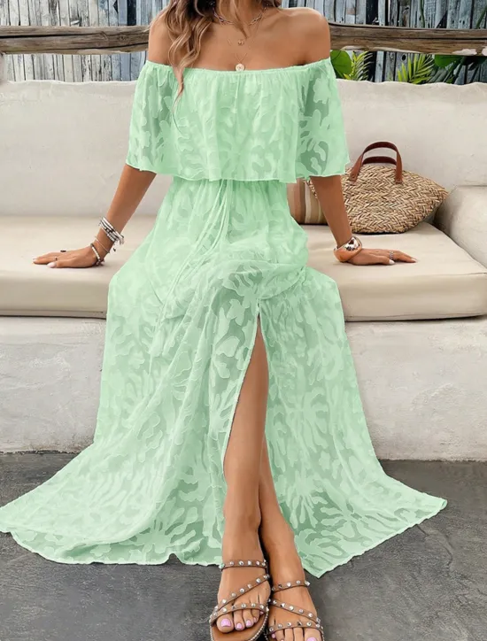 Hot Women's Maxi Dress Dress A Line Dress Elegant Ruffle Sleeve Wedding Guest Cocktail Party Loose Fit Solid Color Plain Short Sleeve Off Shoulder Apricot Summer Women Chiffon Dresses|White Dresses