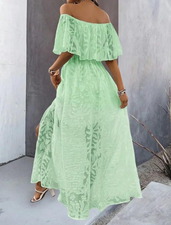 Hot Women's Maxi Dress Dress A Line Dress Elegant Ruffle Sleeve Wedding Guest Cocktail Party Loose Fit Solid Color Plain Short Sleeve Off Shoulder Apricot Summer Women Chiffon Dresses|White Dresses