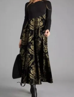 Women's Maxi Dress Work Dresses Semi Formal Office Regular Fit Floral Geometric Long Sleeve Crew Neck Black White Yellow Blue Spring Fall Winter Women Work Dresses