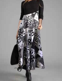 Women's Maxi Dress Work Dresses Semi Formal Office Regular Fit Floral Geometric Long Sleeve Crew Neck Black White Yellow Blue Spring Fall Winter Women Work Dresses