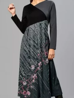 Women's Maxi Dress Work Dresses Semi Formal Office Regular Fit Floral Geometric Long Sleeve Crew Neck Black White Yellow Blue Spring Fall Winter Women Work Dresses