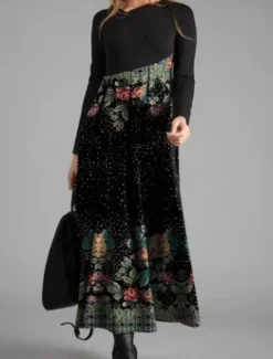 Women's Maxi Dress Work Dresses Semi Formal Office Regular Fit Floral Geometric Long Sleeve Crew Neck Black White Yellow Blue Spring Fall Winter Women Work Dresses