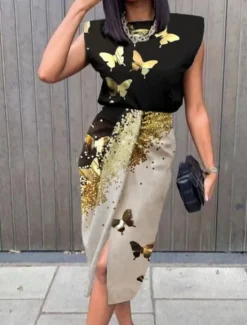 Best Women's Maxi Dress Wrap Dress Bodycon Dress Work Dresses Semi Formal Office Regular Fit Ombre Graphic Butterfly Sleeveless Crew Neck Black Gold Gray Summer Women Work Dresses