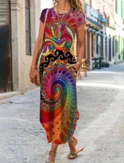 Clearance Women's Maxi long Dress Casual Dress Summer Dress Print Dress Classic Casual Mature Vacation Daily Holiday Regular Fit Floral Graphic Color Block Short Sleeve Crew Neck Black White Yellow Red Summer Women Casual Dress