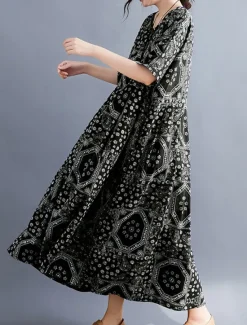 Discount Women's Maxi long Dress Casual Dress Ethnic Dress Swing Dress Summer Dress Vintage Retro Casual Vacation Daily Holiday Loose Fit Tribal Half Sleeve Crew Neck Red Navy Blue Summer Spring Fall Women Floral Dresses