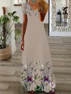 Sale Women's Maxi long Dress Casual Dress Summer Dress Print Dress Fashion Streetwear Outdoor Vacation Daily Print Short Sleeve V Neck Dress Regular Fit Black White Pink Summer Spring S M L XL XXL Women Floral Dresses|Spring Dresses