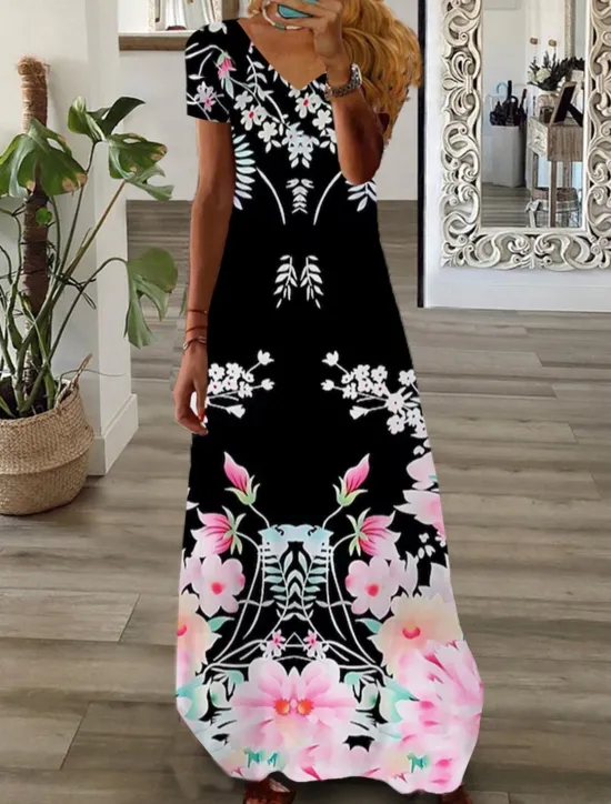Sale Women's Maxi long Dress Casual Dress Summer Dress Print Dress Fashion Streetwear Outdoor Vacation Daily Print Short Sleeve V Neck Dress Regular Fit Black White Pink Summer Spring S M L XL XXL Women Floral Dresses|Spring Dresses
