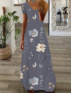 Sale Women's Maxi long Dress Casual Dress Summer Dress Print Dress Fashion Streetwear Outdoor Vacation Daily Print Short Sleeve V Neck Dress Regular Fit Black White Pink Summer Spring S M L XL XXL Women Floral Dresses|Spring Dresses