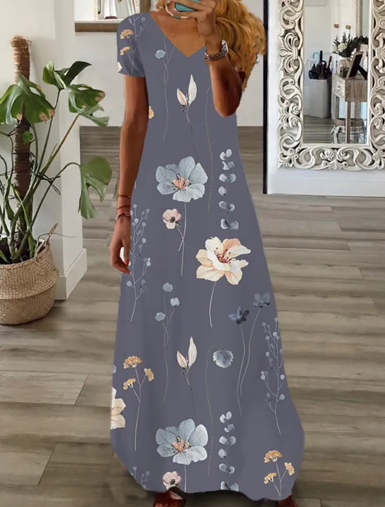 Sale Women's Maxi long Dress Casual Dress Summer Dress Print Dress Fashion Streetwear Outdoor Vacation Daily Print Short Sleeve V Neck Dress Regular Fit Black White Pink Summer Spring S M L XL XXL Women Floral Dresses|Spring Dresses