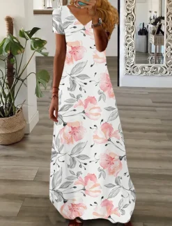 Sale Women's Maxi long Dress Casual Dress Summer Dress Print Dress Fashion Streetwear Outdoor Vacation Daily Print Short Sleeve V Neck Dress Regular Fit Black White Pink Summer Spring S M L XL XXL Women Floral Dresses|Spring Dresses