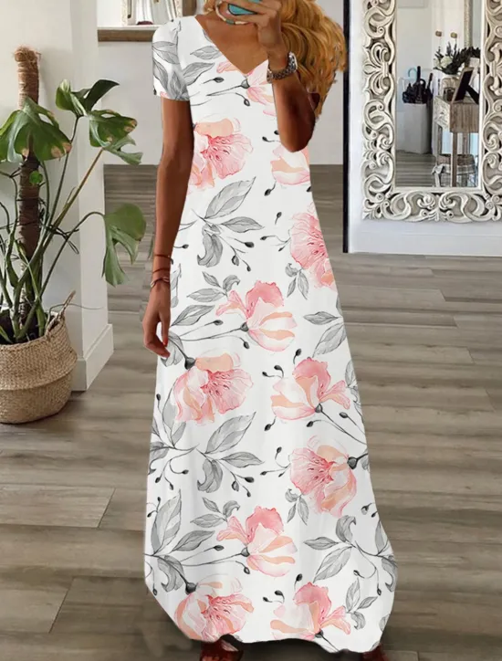 Sale Women's Maxi long Dress Casual Dress Summer Dress Print Dress Fashion Streetwear Outdoor Vacation Daily Print Short Sleeve V Neck Dress Regular Fit Black White Pink Summer Spring S M L XL XXL Women Floral Dresses|Spring Dresses