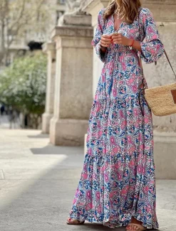 Outlet Women's Maxi long Dress Casual Dress Boho Chic Dresses Long Sleeve Boho Dress Boho Dress Elegant Bohemia Stylish Winter Dress Vacation Daily Regular Fit Floral Long Sleeve V Neck Pink Green Fall Women Spring Dresses
